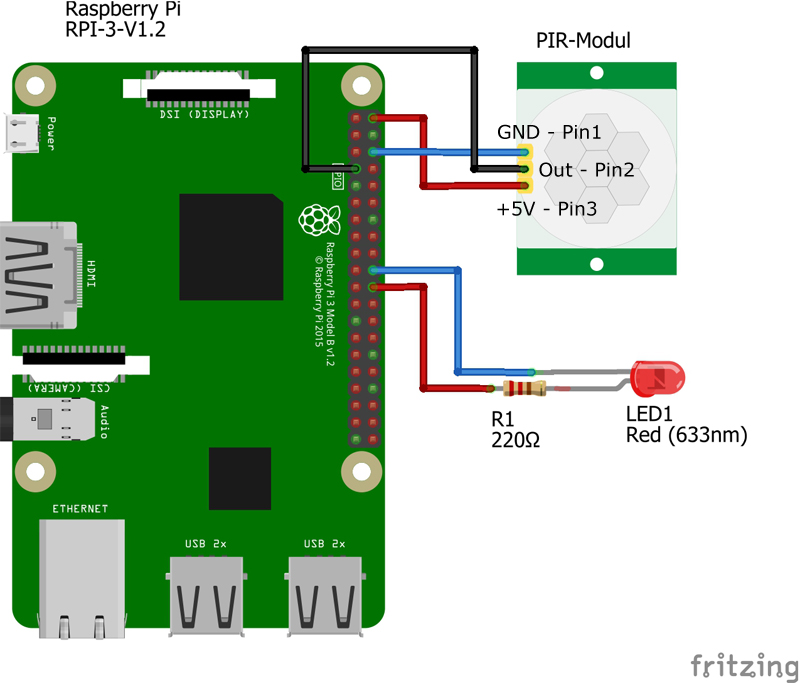 Anschlussplan PIR-Modul und LED an Raspberry Pi GPIO